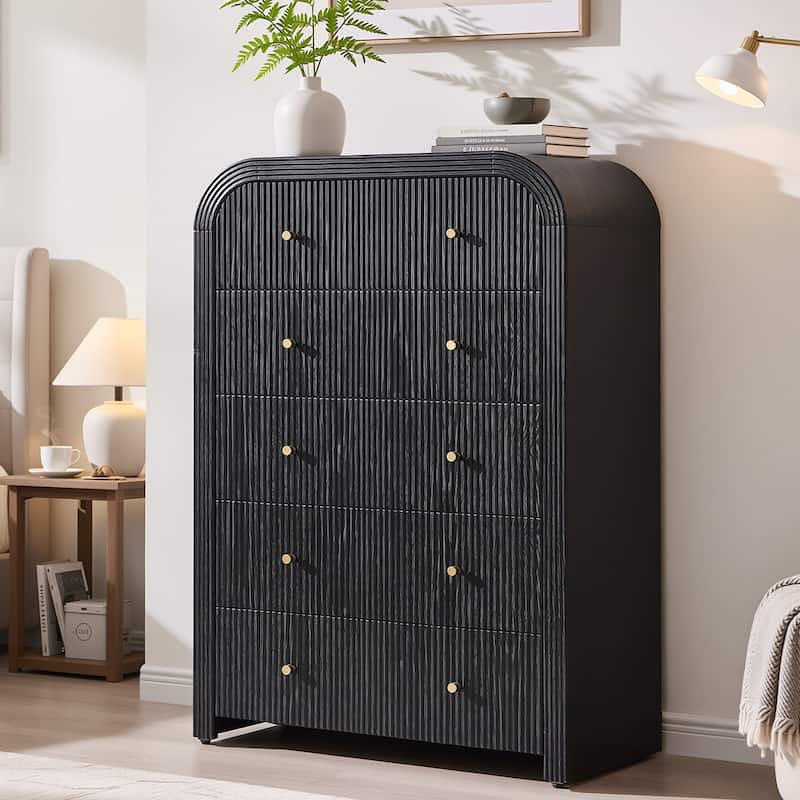 Modern Fluted 5 Drawers Dresser, Wood Chest of Drawers for Bedroom - Black