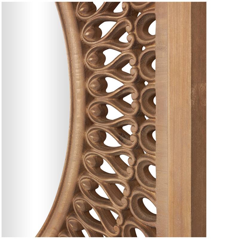 Brown Wood Room Wall Mirror with Carved Scroll Pattern