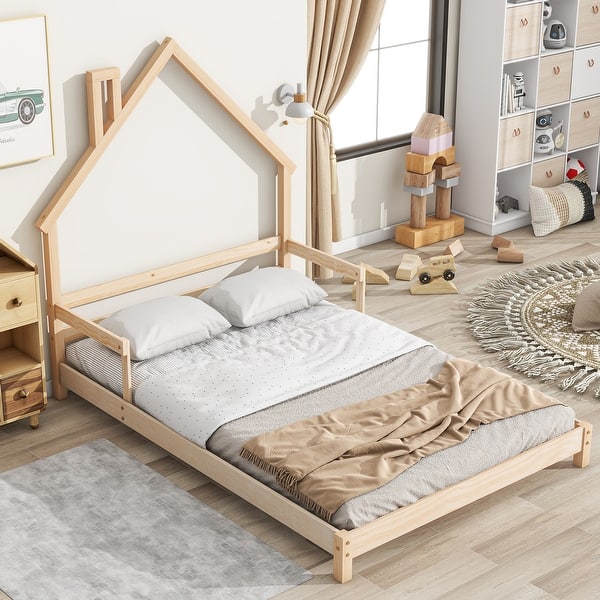 slide 2 of 9, Full Size Montessori Floor Bed with Handrails for Kids, Wooden House-Shaped Headboard Floor Bed Frame with Wood Slats Support Natural - Full