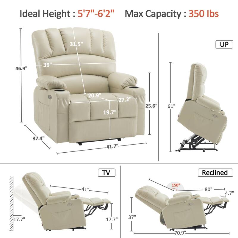 MCombo Large Power Lift Recliner Chair with Massage and Heat, Cup Holders, Side Pockets, Faux Leather R7092 (Large-Wide)