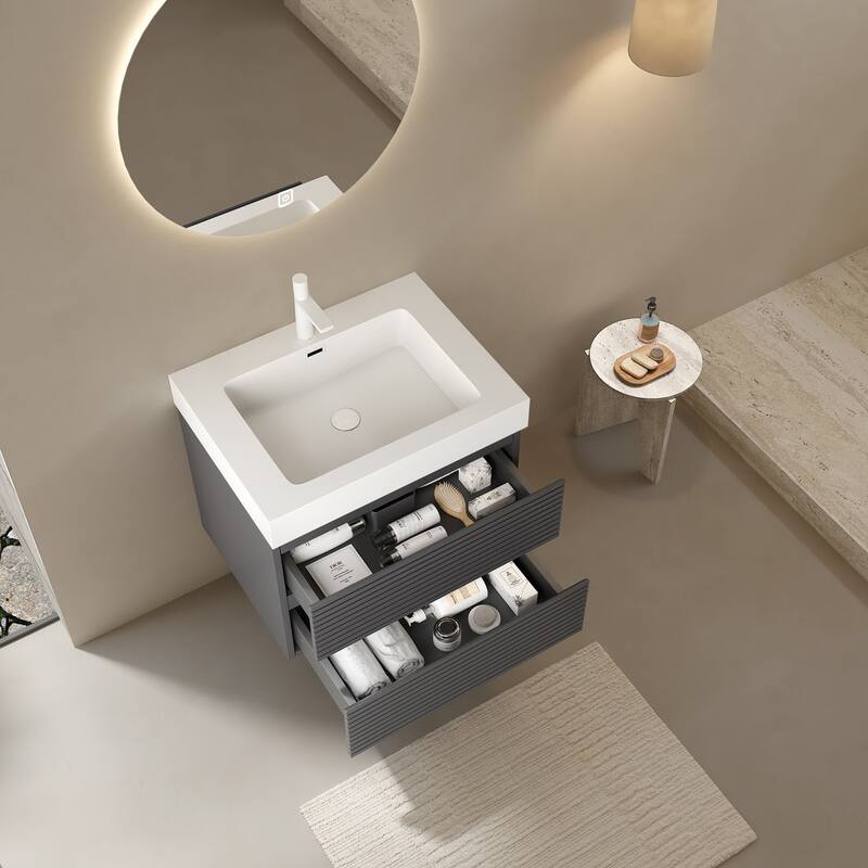 Plywood Wall-Mounted Bathroom Vanity Set in Grey with Integrated Acrylic Sink