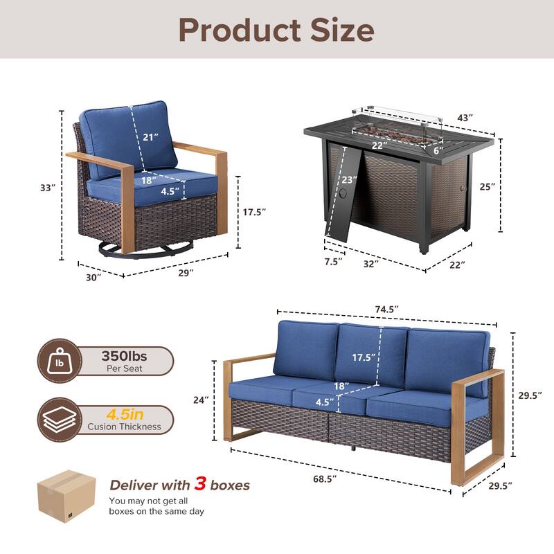 Meyreso Wicker Outdoor Patio Metal Fire Pit Set with Swivel Gliders & 4.5" Olefin Cushions