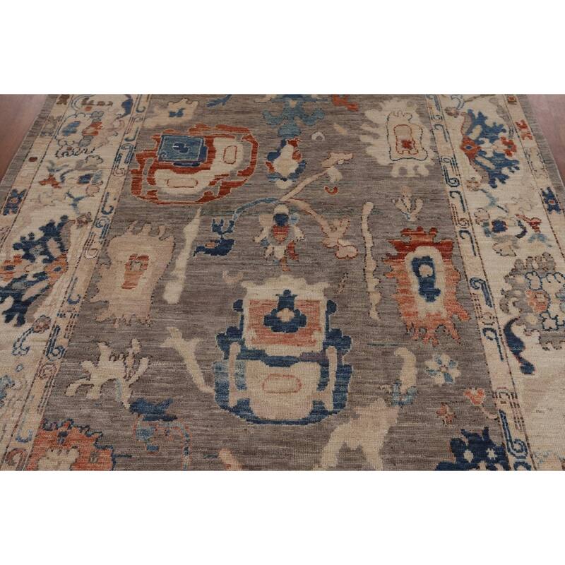 Vegetable Dye Grey Oushak Turkish Area Rug Handmade Floral Wool Carpet - 5'4"x 7'8"