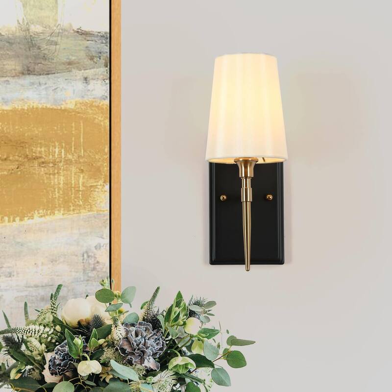 Modern Rustic Black Gold 1-Light Wall Sconces Fabric Flared Shade Bathroom Vanity Lights - 4.7" L x 6" W x 12.5" H