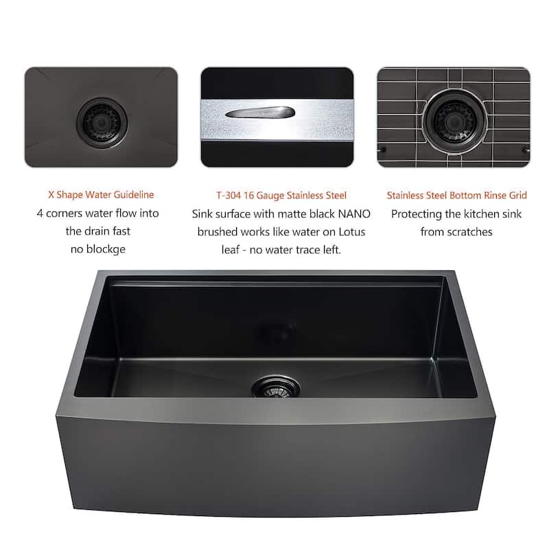Proox 33 In. Matte Black Farmhouse Apron Front Kitchen Sink w/ accessories