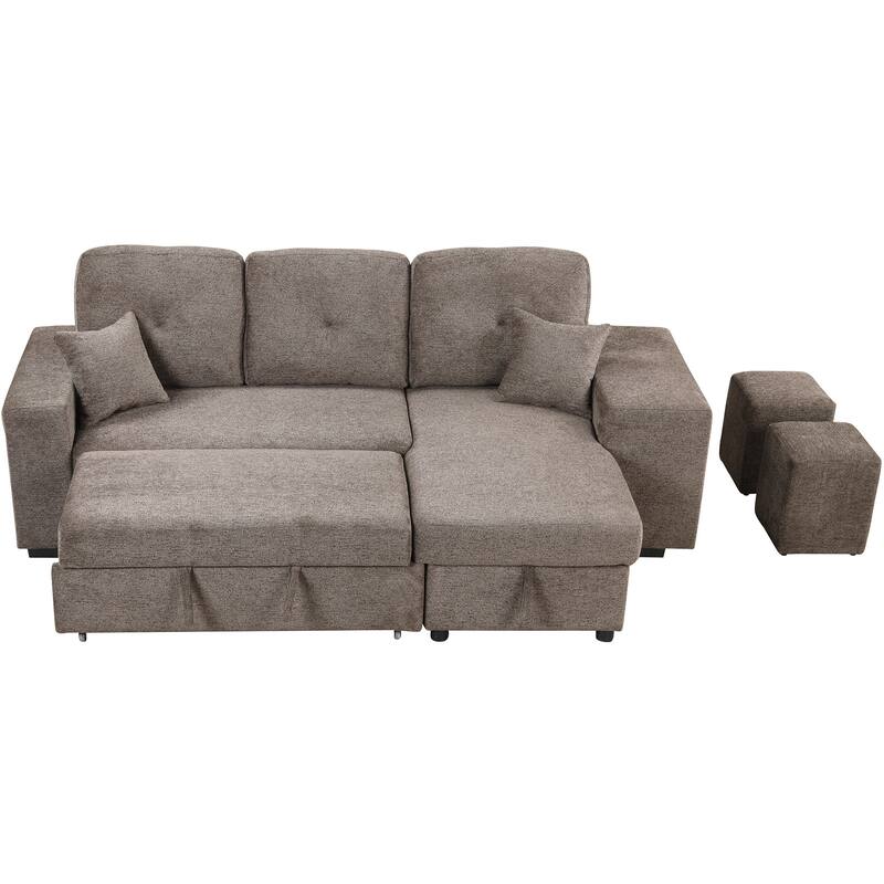 95" Pull-Out Sleeper Sofa w/ Side Shelf & 2 Stools, Storage Chaise
