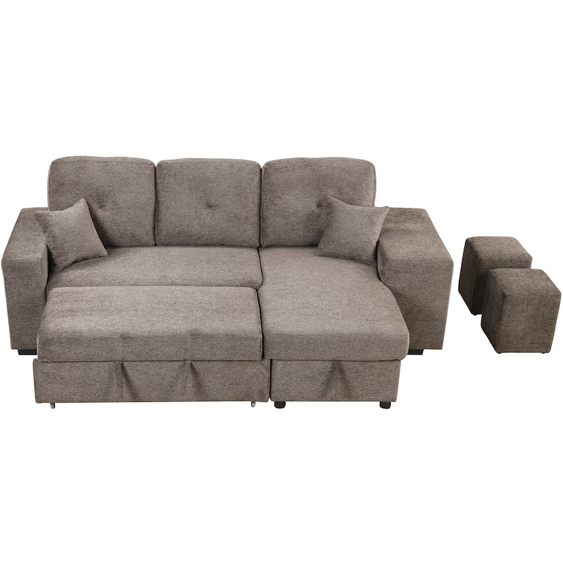Reversible Sleeper Sectional Sofa Bed with Side Shelf and 2 Stools,Pull-Out L-Shaped Sofa Bed,Corner Sofa-Bed with Storage Chais