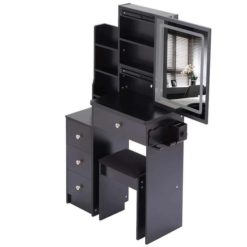 Makeup Vanity Desk with Slidding LED Lighted Mirror, Power Outlet & Hair Dryer Bracket, Small Dressing Table Set with Stool