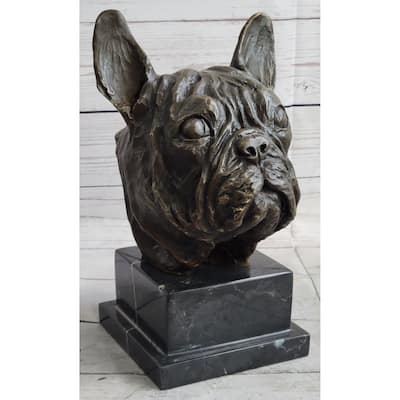 French Bulldog Puppy Dog Bronze Bust Sculpture Statue Decor On Marble Base