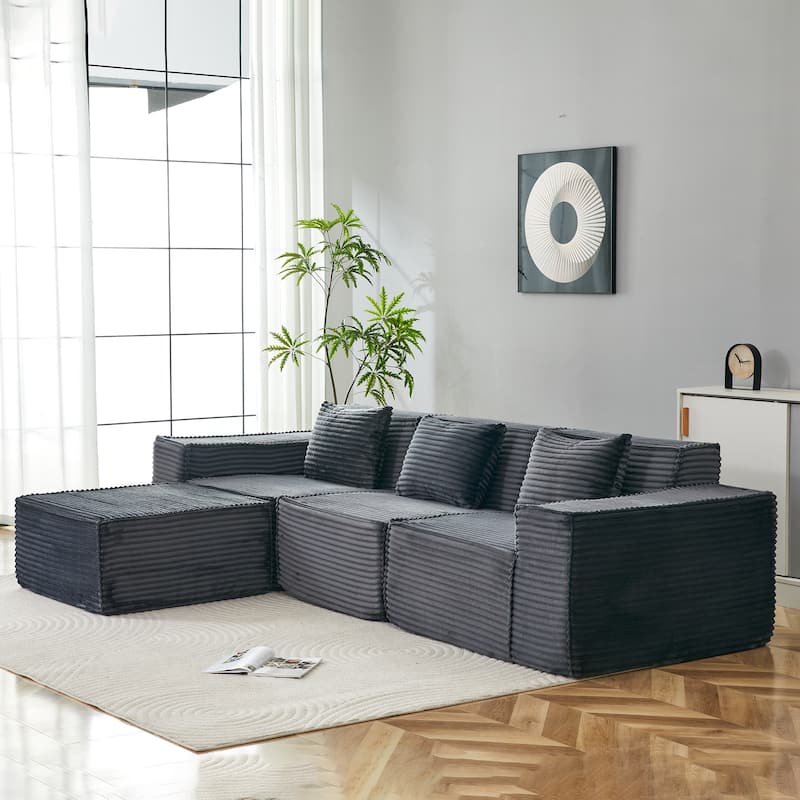 L-Shaped Modular Sectional Sofa,3-Seater with Ottoman,Striped Corduroy Fabric for Home, Apartment, Office