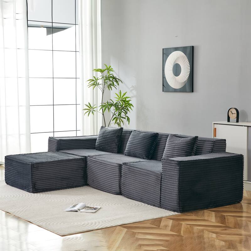 L-Shaped Modular Sectional Sofa with Ottoman, Striped Corduroy Deep Seat Cloud Couch, Compressed 3-Seat Sofa for Home, Apartment