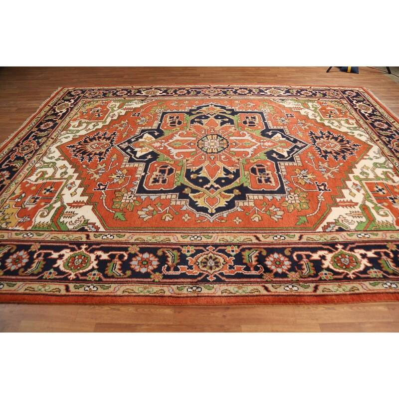 Medallion Heriz Serapi Indian Rug Hand-Knotted Orange Wool Carpet - 8'10"x 11'11"