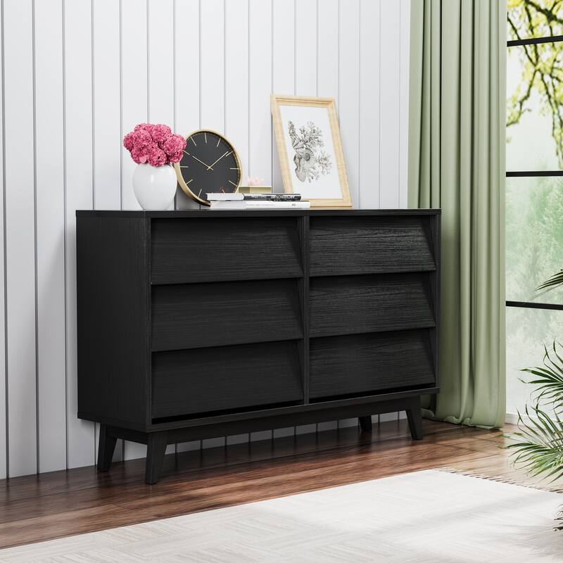 47.3" Wide Vintage Style 6 Drawer Dresser,Wood Dressers & Chest of Drawers,Wood Grain Finish - Black