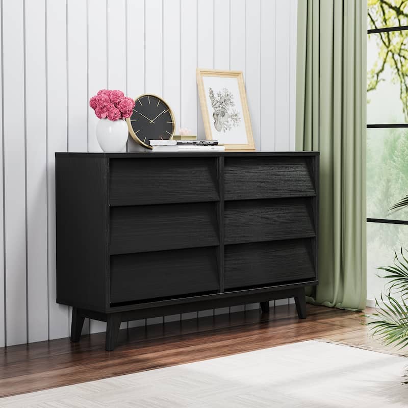6 Drawer Dresser for Bedroom, Wide Wooden Storage Organizer, Double Dresses with Concealed Drawer Handles, Solid Wood Legs - Black
