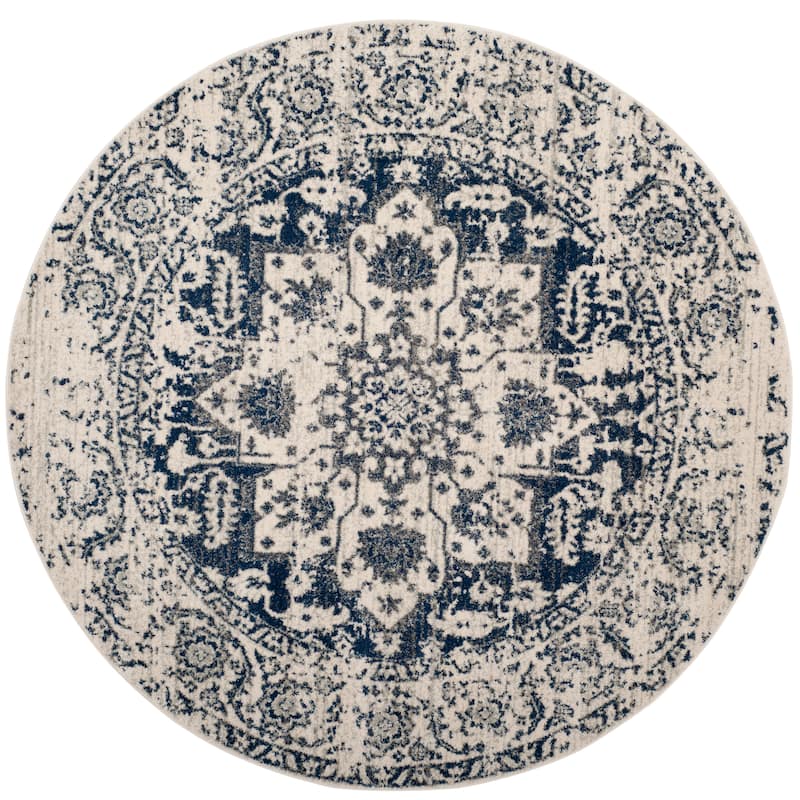 SAFAVIEH Madison Delois Medallion Rustic Farmhouse Distressed Rug - 9' Round - Cream/Navy