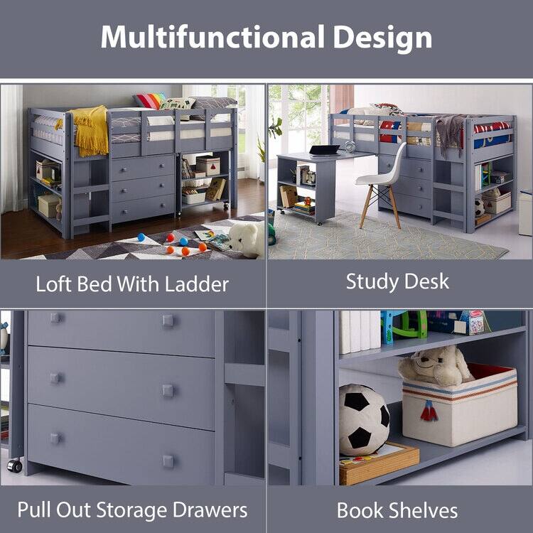 Twin Size Loft Bed with Desk Low Study Kids Twin Loft Bed with Storage Pine Wood Loft Bed for Kids Twin Loft Bed with Cabinet