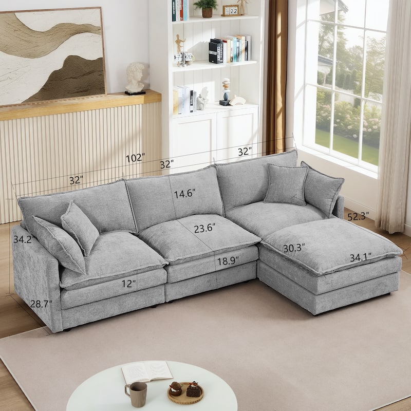 Chenille Chaise Sectional Sofa with Ottoman and 3-layers Cushions