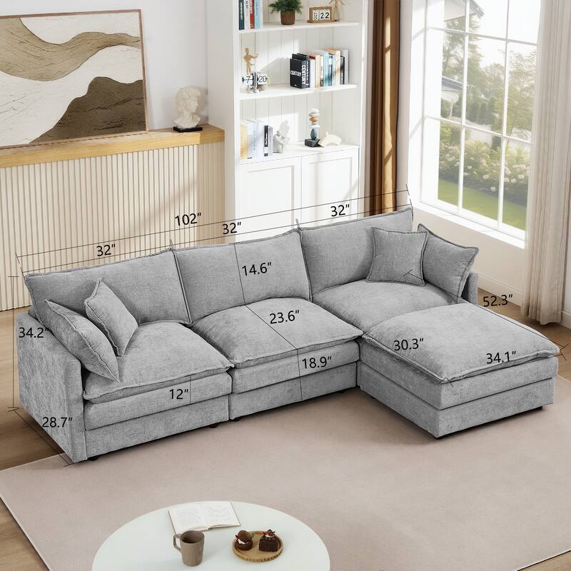 Modular Sectional Sofa, 102 Inch L Shaped Couch Set for Living Room, 3-Seater Comfy Cloud Couches with Movable Ottoman