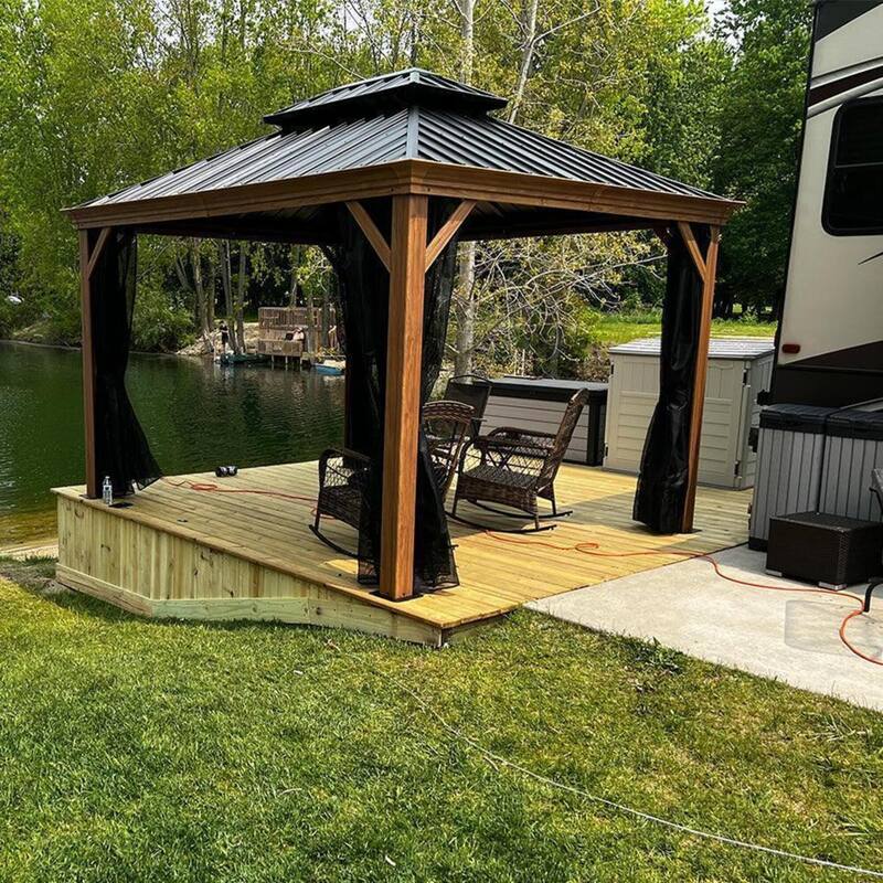 PURPLE LEAF Hardtop Gazebo Galvanized Steel Roof Gazebo Pergola w Wooden Coated Alumninum Frame and Mosquito Net