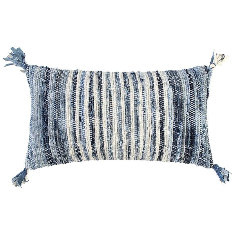 HomeRoots 14" X 26" Denim Blue And Ivory Cotton Throw Pillow with Tassels And Texture