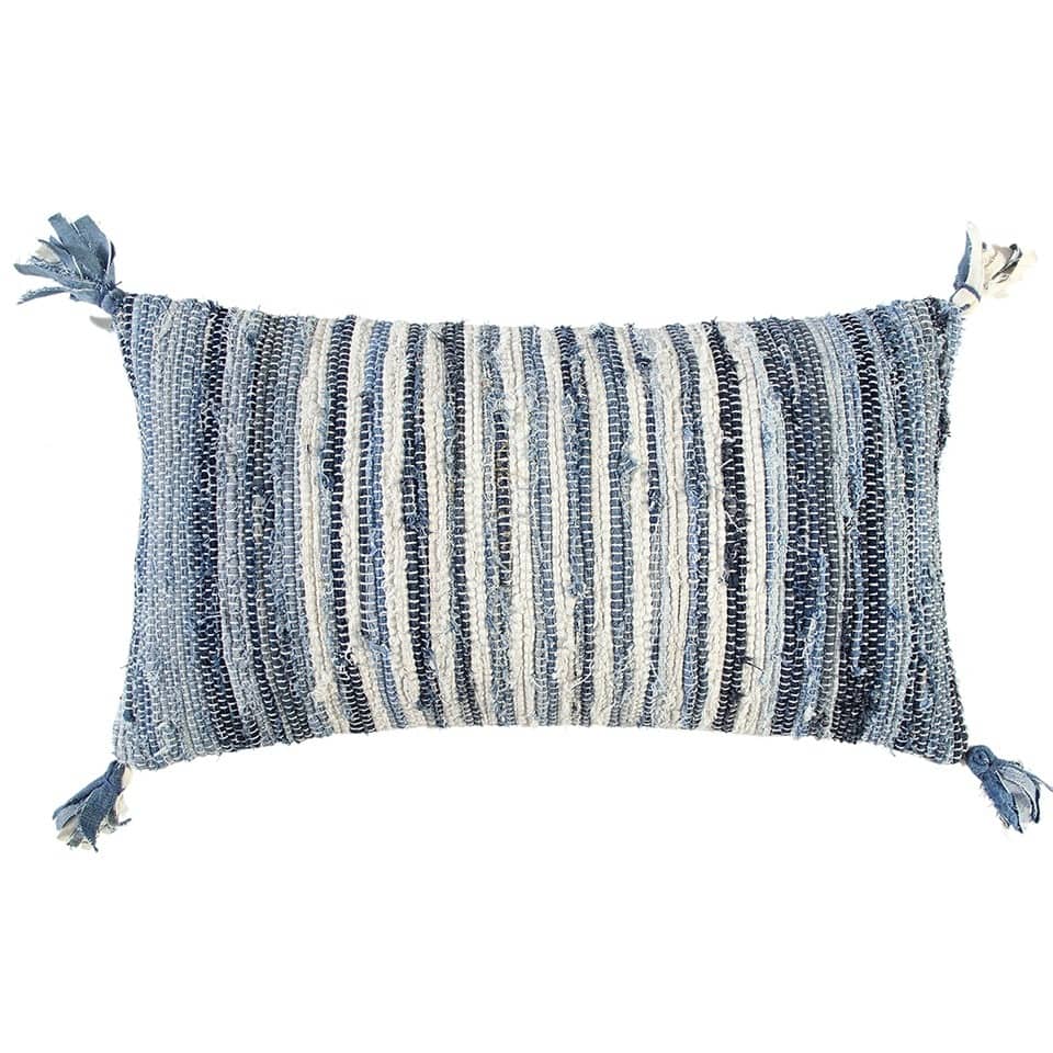 HomeRoots 14" X 26" Denim Blue And Ivory Cotton Throw Pillow with Tassels And Texture