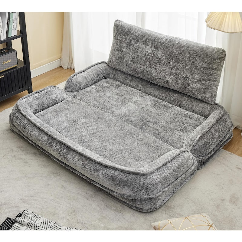 Pet Friendly Lazy Loveseat Sofa 2-in-1 Chenille Floor Couch Double Human Sleeper Bed with 5 Adjustable Position, Plump Pillows
