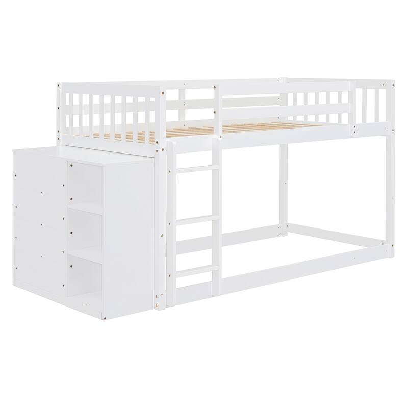 Twin Over Twin Bunk Bed with 4 Drawers and 3 Shelves, White
