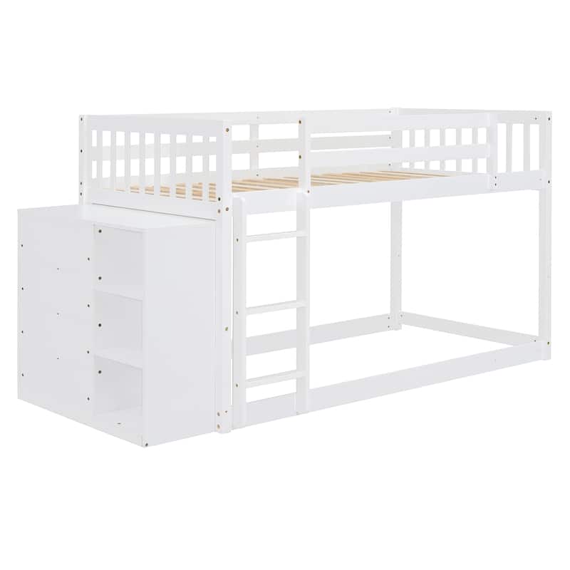 Twin Over Twin Bunk Bed with 4 Drawers and 3 Shelves in Solid Pine