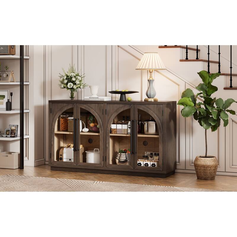 4-Door Large Storage Buffet Cabinet with Glass Doors and Adjustable Shelves