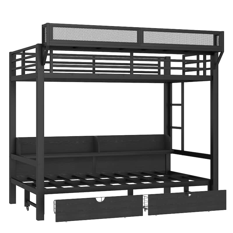 Multifunctional Metal Bunk Beds with USB Ports,Drawers,Shelves and LED Lights