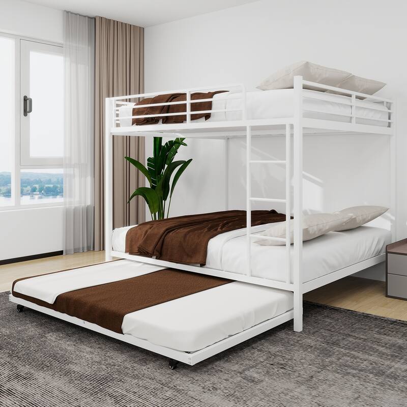 Full Size Metal Bunk Bed with Trundle, Safety Rails, Easy Assembly, Ideal for Kids and Guest Rooms