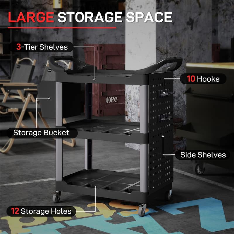 Adjustable Workshop Stool with Lumbar Support, Locking Wheels and Metal Tray and Bottle Holders