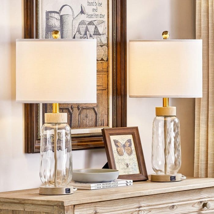 24" Glass USB Table Lamp Set