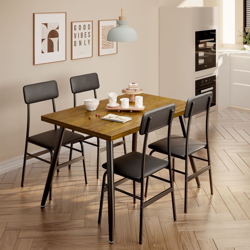5-Piece Mid-Century Rectangular Dining Table, Industrial Kitchen Table Set with 4 Faux Leather Chairs