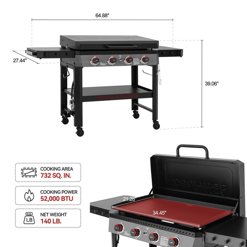 Royal Gourmet 34-Inch 4-Burner Propane Gas Griddle with Hood , Black