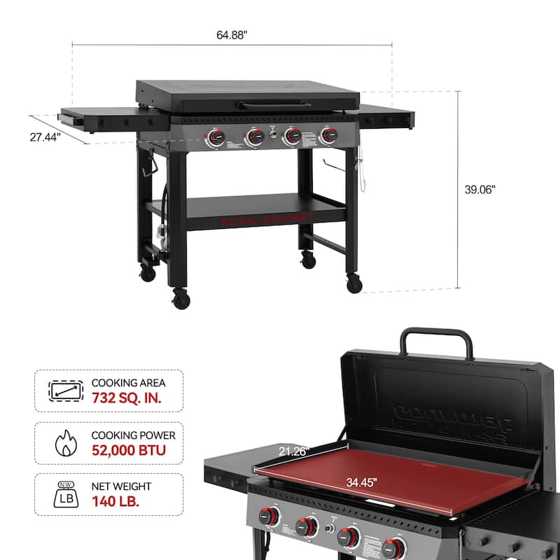 Royal Gourmet GB4005P 34-Inch 4-Burner Propane Gas Griddle with Hood & Collapsible Side Shelves and Storage Basket, 52,000 BTU