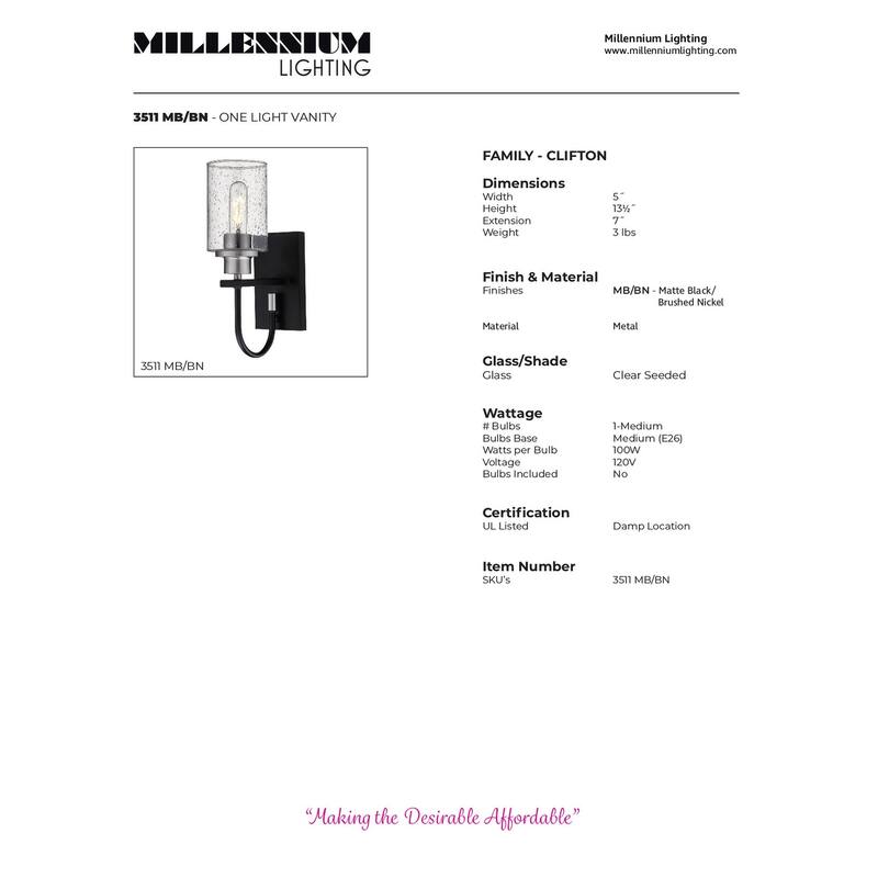Millennium Lighting Clifton Matte Black/Brushed Nickel 1 Light Wall Sconce