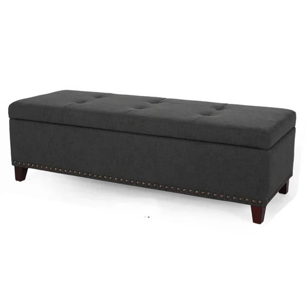 Nancy Storage Ottoman Bench, 51 Inch Dark Gray Fabric, Brass Nailhead Trim