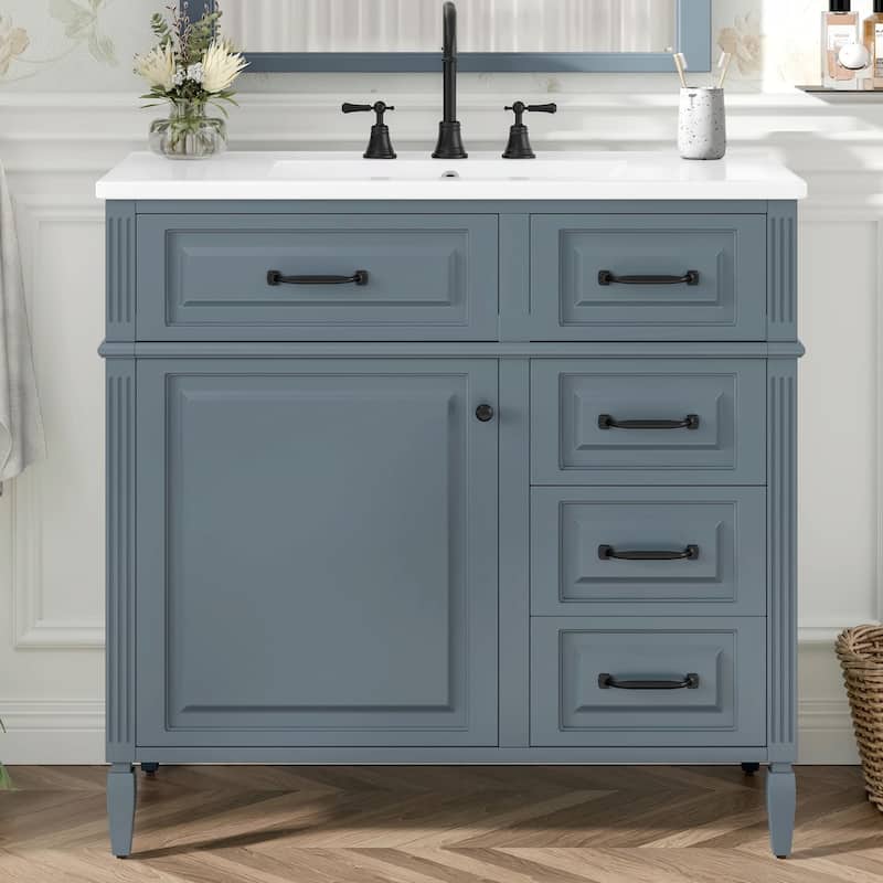 36-Inch Bathroom Vanity with Ceramic Sink Top, Solid Wood Frame and MDF Cabinet