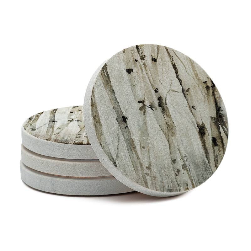 Neutral Birch Trees 4 Pack Round Natural Sandstone Coasters with Protective Cork Backing Manufactured in The USA - Multi-Color