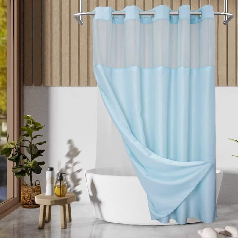 No Hook Slub Linen Texture Shower Curtain with PEVA Snap-in Liner - 71"W x 74"L - Baby Blue