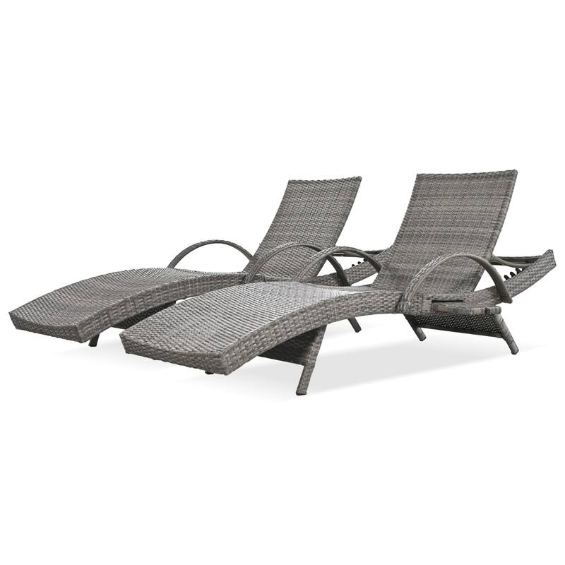 2-piece Outdoor Wicker Chaise Lounge Chairs Set with Pull-out Side Table, Patio Pool Adjustable Reclining Sun Lounger