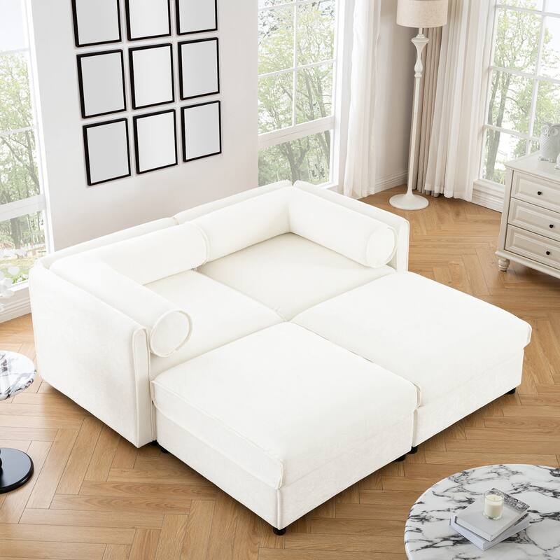 Modern Chenille 6-Seater Sofa with Ottoman Storage, Hidden Storage, Cylindrical Cushioned Arms and Backrest