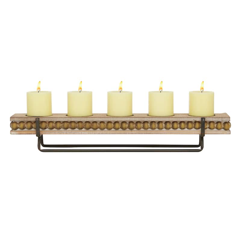 Wooden Beaded Pillar 5 Plate Candelabra - Brown - Roche River Decor - 5"W x 24"L x 4"H