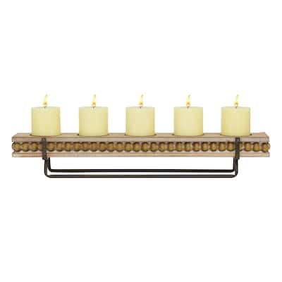 Wooden Beaded Pillar 5 Plate Candelabra - Brown - Roche River Decor - 5"W x 24"L x 4"H
