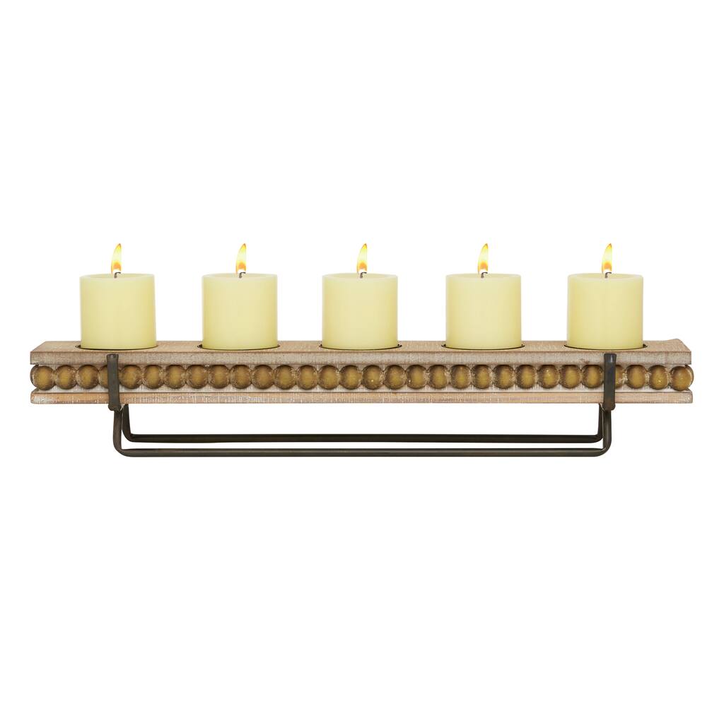 Wooden Beaded Pillar 5 Plate Candelabra - Brown - Roche River Decor - 5"W x 24"L x 4"H