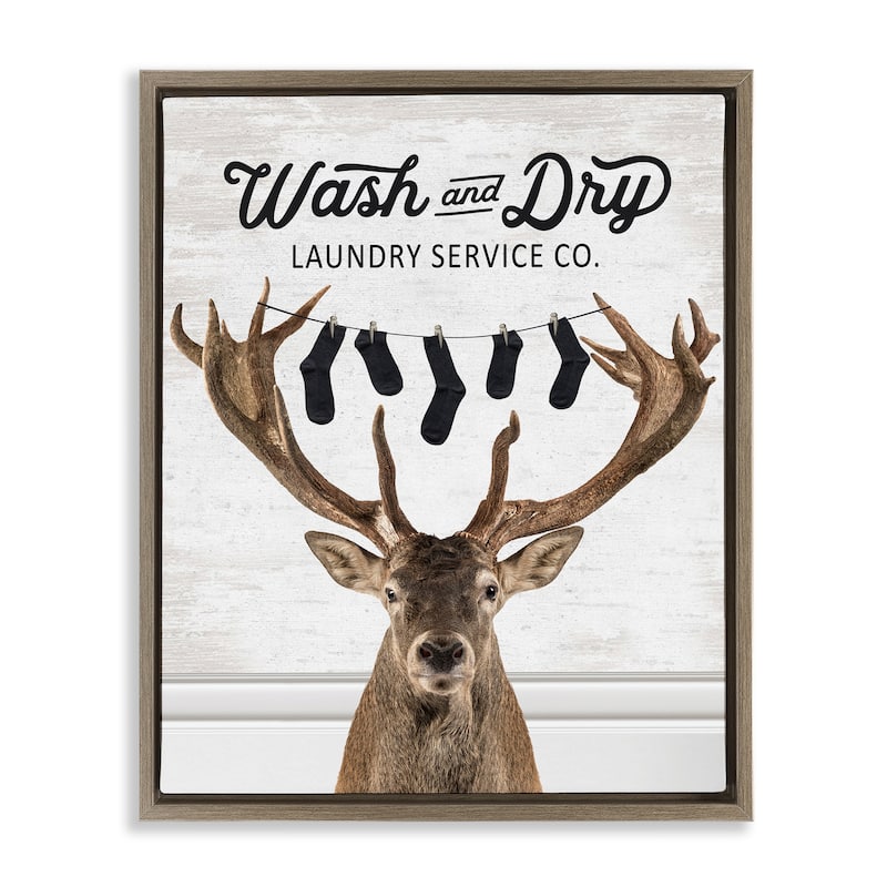 Stupell Vintage Laundry Elk Clothesline Framed Floater Canvas Wall Art Design By Lettered and Lined - 17 x 21 - Brown