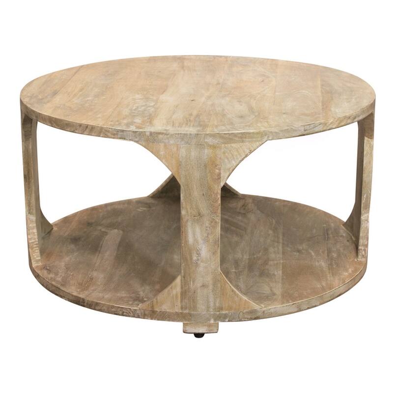 HomeRoots 34" Natural Solid Wood Round Distressed Floor Shelf Coffee Table With Shelf - 34' X '18' X '34