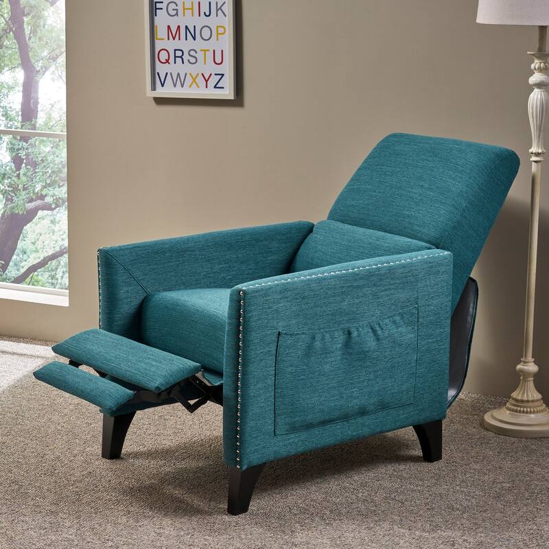 Modern Fabric Upholstered Push-Back Recliner with Footrest, Nailhead Accents, Birch Wood Legs