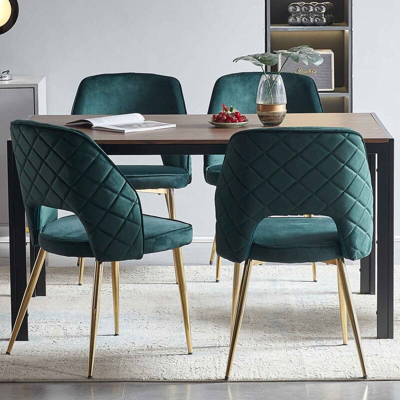 Dark Green Velvet Dining Chairs with Metal Legs and Hollow Back Upholstered Dining Chairs Set of 4 - Dining Height - Set of 4 - Dark Green